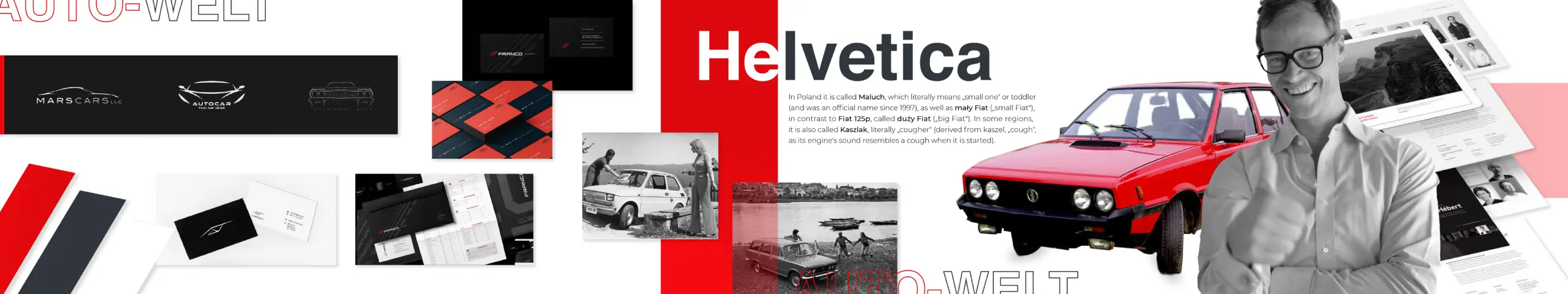 Zbiór elementów interfejsu, kolorów, typografii, zdjęć pokazujących czerwono-czarny styl wizualny dla marki Auto-Welt