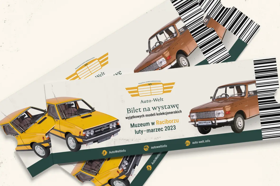 Rozrzucone bilety na wystawę modeli kolekcjonerskich samochodów zaprojektowane w brandingu Auto-Welt
