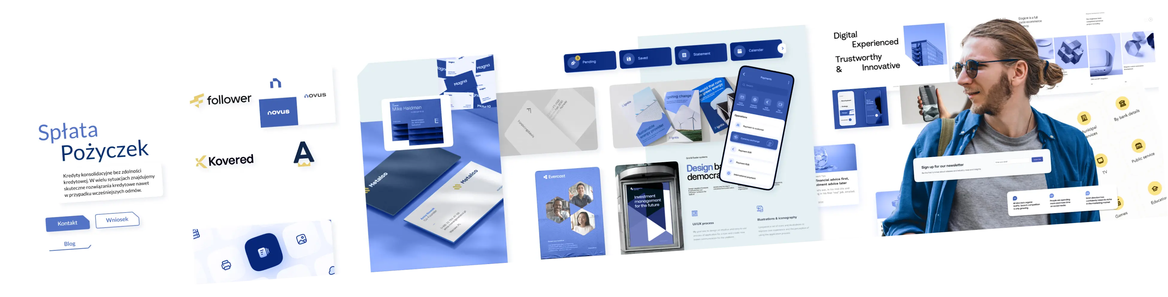 Niebiesko-biała propozycja stylu wizualnego dla firmy z branży finansowej – zaprojektowane przez software house Kryptonum