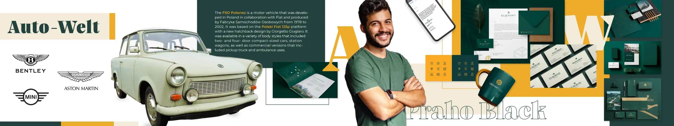 Zbiór elementów interfejsu, kolorów, typografii, zdjęć pokazujących zielono-żółty i vinted styl wizualny dla marki Auto-Welt