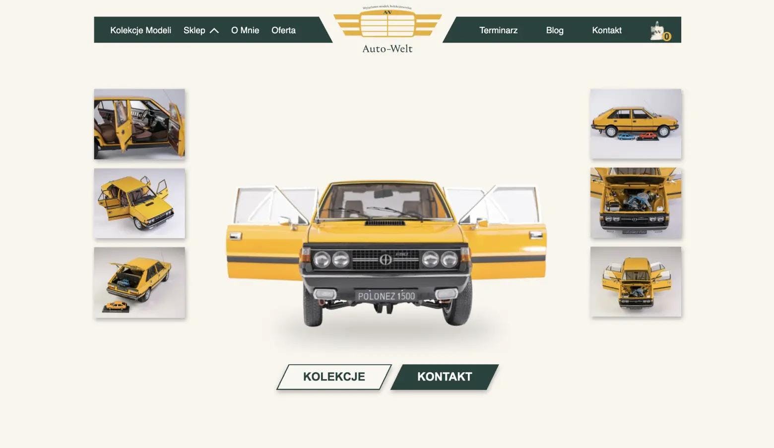 Sekcja powitalna sklepu internetowego Auto-Welt z widocznym Polonezem pośrodku, po jego bokach z każdej strony miniaturowe 3 zdjęcia, pod nim dwa przycisku kierujące do kolekcji i kontaktu